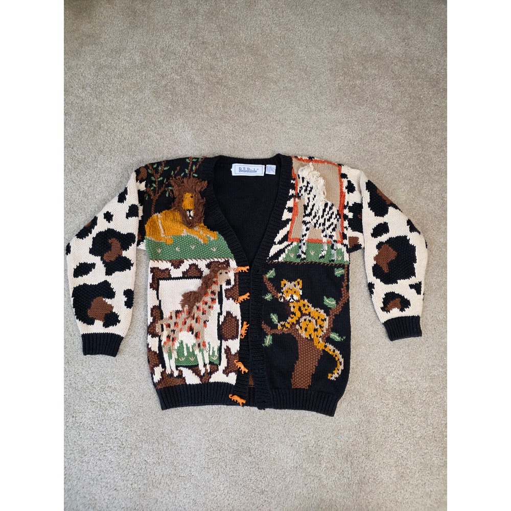BellePointe Vintage Safari Animal Knit Cardigan Tiger Buttons Small Black Multi